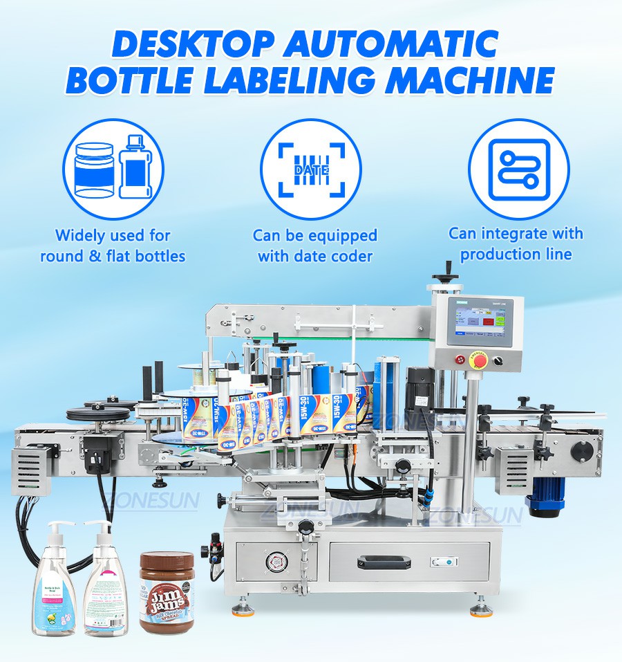 Etiquetadora automática de etiquetas adhesivas para botellas redondas y cuadradas
