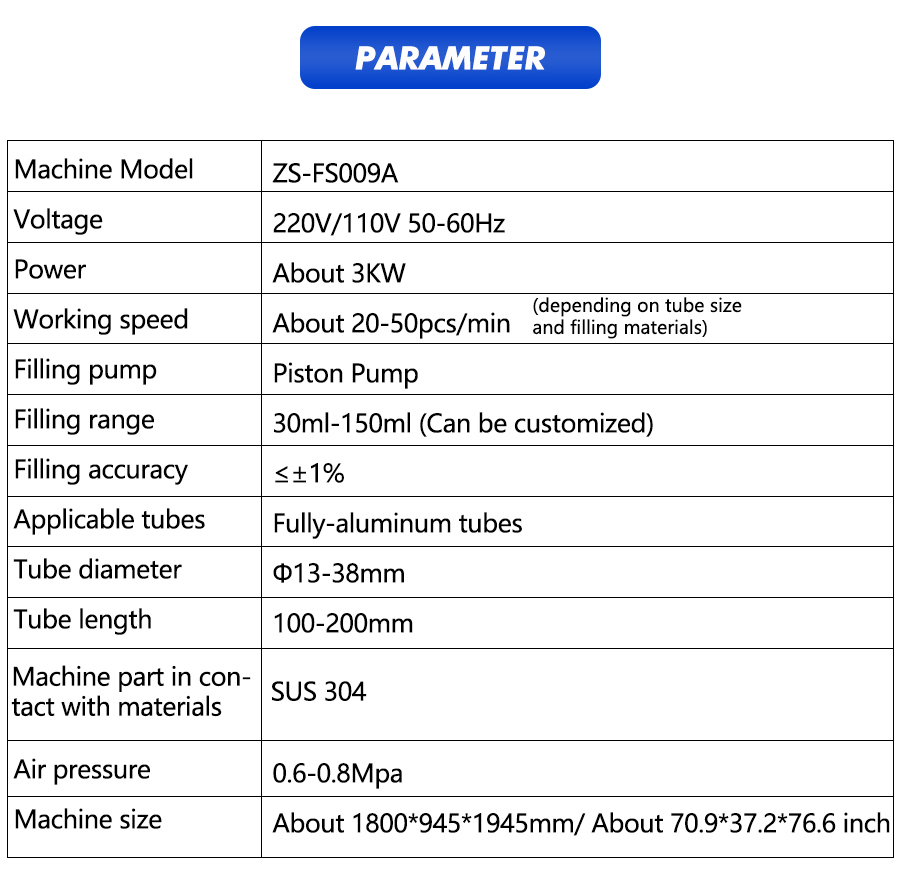 Parameter Of Aluminum Tube Filling Sealing Machine