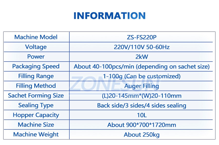 พารามิเตอร์ของเครื่องบรรจุซองผง