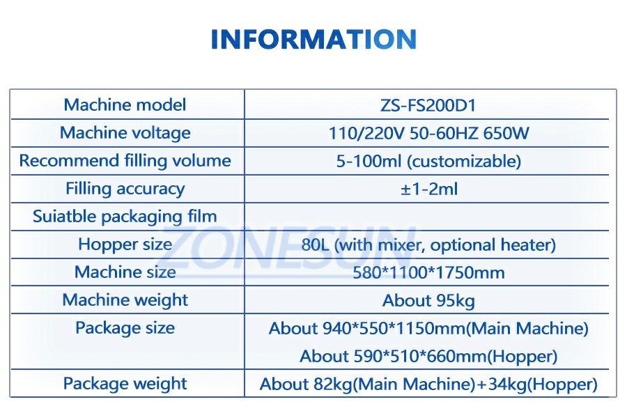 Parameter Of Bleach Sachet Packing Machine