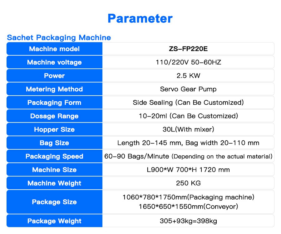 Parameter Of Sachet Filling Sealing Machine Parameter Of Sachet Filling Sealing Machine