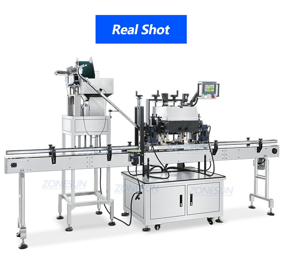 Máquina taponadora automática de 2 cabezales con alimentador de tapas Máquina taponadora automática de 2 cabezales con alimentador de tapas